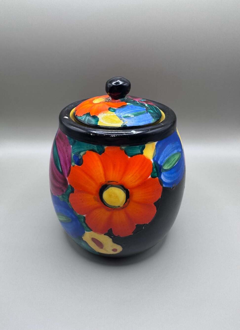 Antique Joseph Mrazek Peasant Art Industry Hand Painted Floral Lidded Jar Made i